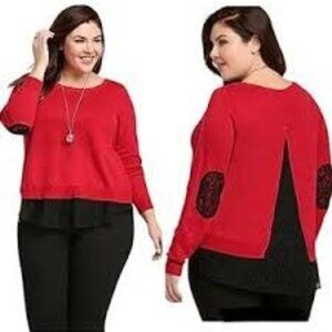 93.  Torrid Women's Knit Top Sweater Round Neck Long Sleeve  Lace Red Size 2X